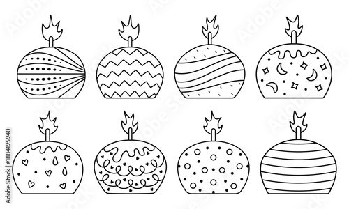 Black line round candle doodles with abstract psychedelic patterns. Different decorative candle icons with melted wax and flame. Outline sign vector set. Various cliparts for cozy atmosphere