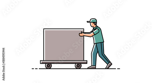 A delivery person wearing a cap pushes a large heavy box on a wheeled dolly illustrating efficient logistics and transportation services