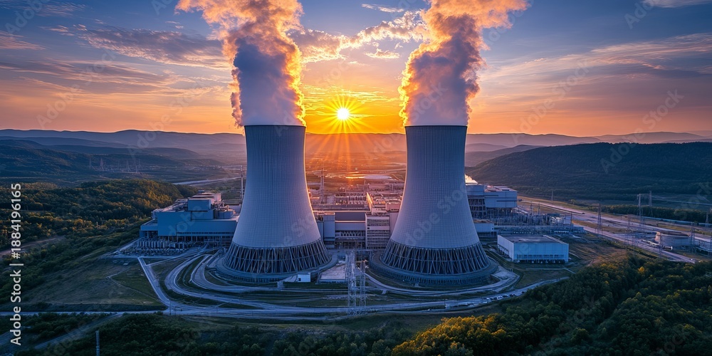 Fototapeta premium Aerial View of a Modern Nuclear Power Plant at Sunset, Surrounded by Lush Greenery and Calm Waters