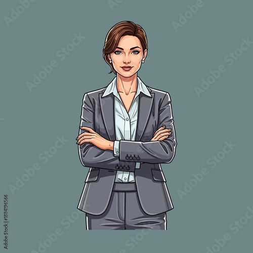 Confident Businesswoman in Gray Suit Standing.