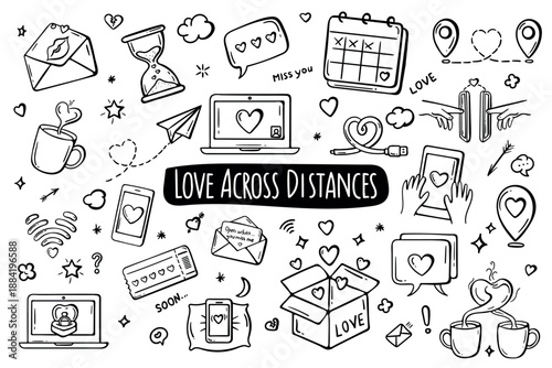 Hand drawn doodle illustration of love across distances and romantic connection for long distance relationships and Valentines Day designs