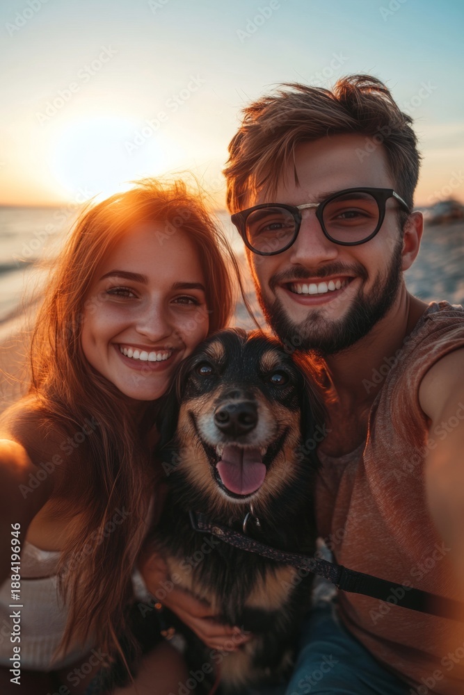 Fototapeta premium A young man and woman posing for a selfie with their brown and black dog against the backdrop of a beautiful sunset.