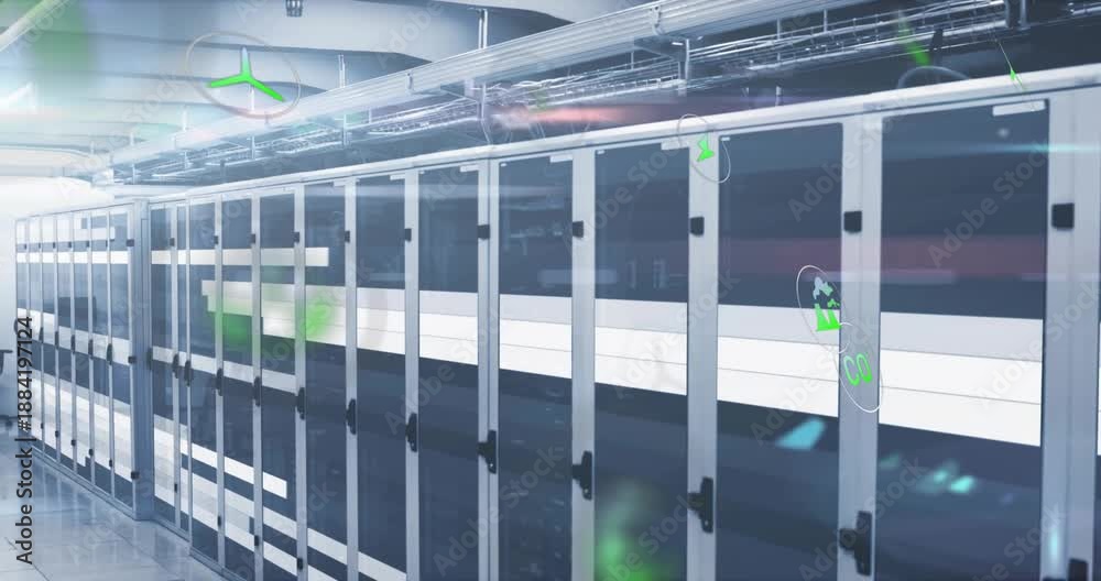 Server Rack Capture Hood On pause turbine icons and CO2 icons appearing and swirling over server ...
