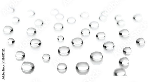 Scattered water droplets of varying sizes on smooth white surface, demonstrating high surface tension and hydrophobic behavior with reflective clarity for scientific, artistic, and material study appl
