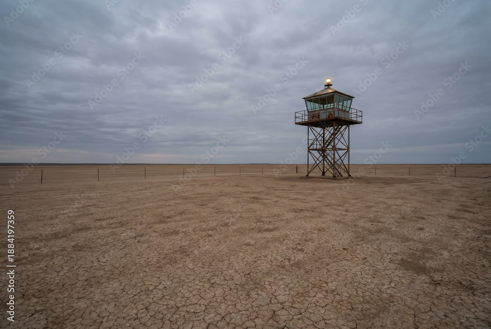 Fototapeta premium A watchtower is set in a barren area with cracked earth and low vegetation. The sky is full of clouds, and the watchtower looks over a distant body of water