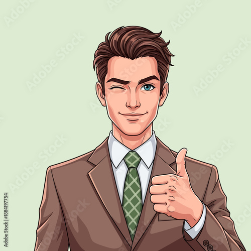 Smiling businessman giving thumbs up gesture.
