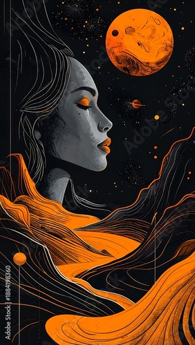 Orange & Gray Woman gazes at a planet in a galaxy of stars over mountains and a lava river