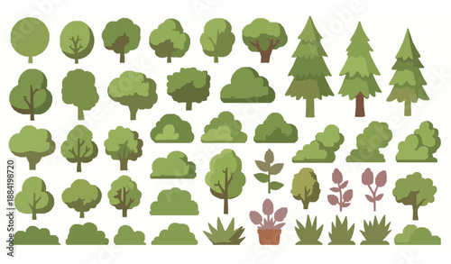 Flat cartoon trees bushes and plants vector set with friendly green foliage for 2D games and illustrations