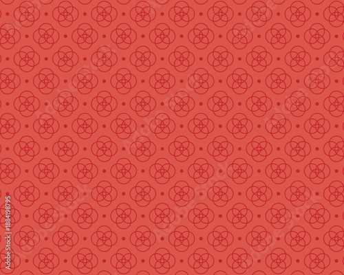 赤色の七宝繋ぎの和風シームレス背景パターン。円が重なり合う伝統的な幾何学模様のベクターイラスト。お正月、年賀状、和柄のテキスタイル、ギフトラッピング、プロモーション用の高品質な装飾素材。