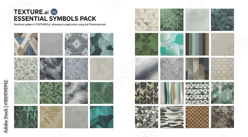Grid of 30 texture symbols in essential design pack for interior design, architecture, and illustration, featuring stone, fabric, tile, wood, and abstract patterns in varied tones for creative applica