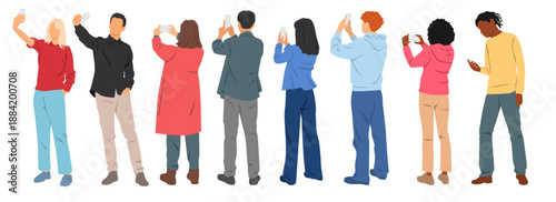 Young men and women standing with smart phones, different nationalities, front and back view, profile, cartoon character, silhouettes people, design concept of flat icon, isolated on white