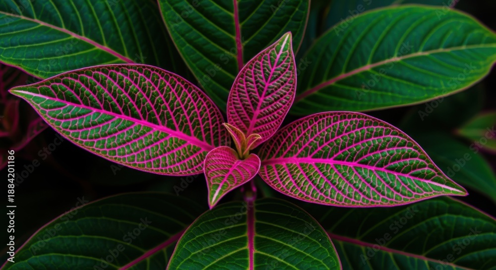 Obraz premium Vibrant Pink and Green Calathea Leaves Close-Up