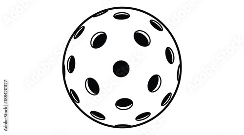 Perforated spherical object with evenly spaced circular holes across its surface, designed for aerodynamic performance in sports or recreation such as wiffle ball or floorball, shown in monochrome sty