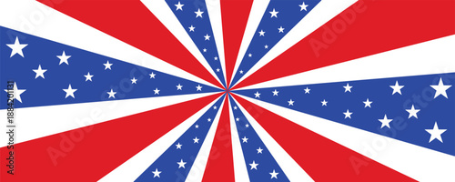 Groovy starburst or sunburst background with red, white, and blue stripes and stars. American patriotic pattern. USA traditional backdrop. Great for web banners, cards, posters, social media