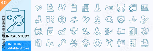 Medical Research Process & Clinical Trial Icons. Clinical Research Line Icons for Healthcare