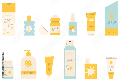 Collection of sunscreen bottles and tubes. Flat vector illustration of a set of sunscreen products with different SPF factors for skin care. Modern flat design with handdrawn elements perfect for info