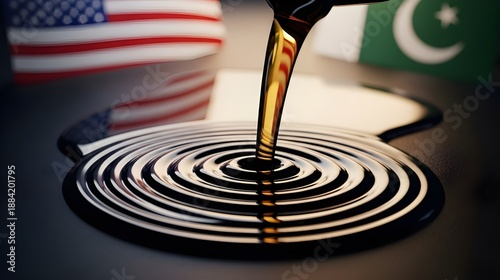 Symbolic Oil Flow Between American and Pakistan Flags – Geopolitical Energy Market Concept