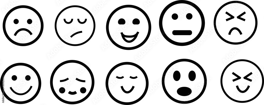 Fototapeta premium A collection of various white emoji faces depicting different human emotions on a black background