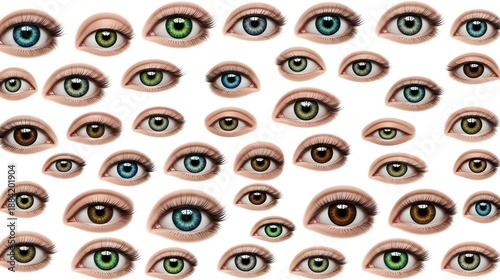 Surreal Seamless Pattern of Floating Human Eyes on Clean White Background