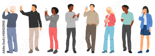 Standing young men and women with smart phones, different nationalities, front and back view, profile, cartoon character, silhouettes people, design concept of flat icon, isolated on white