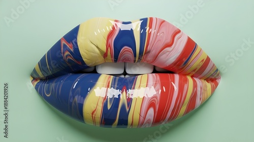 Abstract Botanical Marble Lips in Vibrant blue and Magenta on Minimal green Background