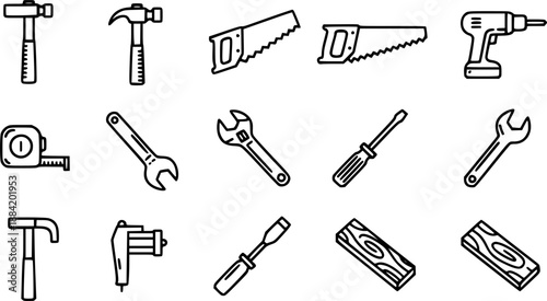 Set of line drawing icons about carpentry tools in vector monochrome
