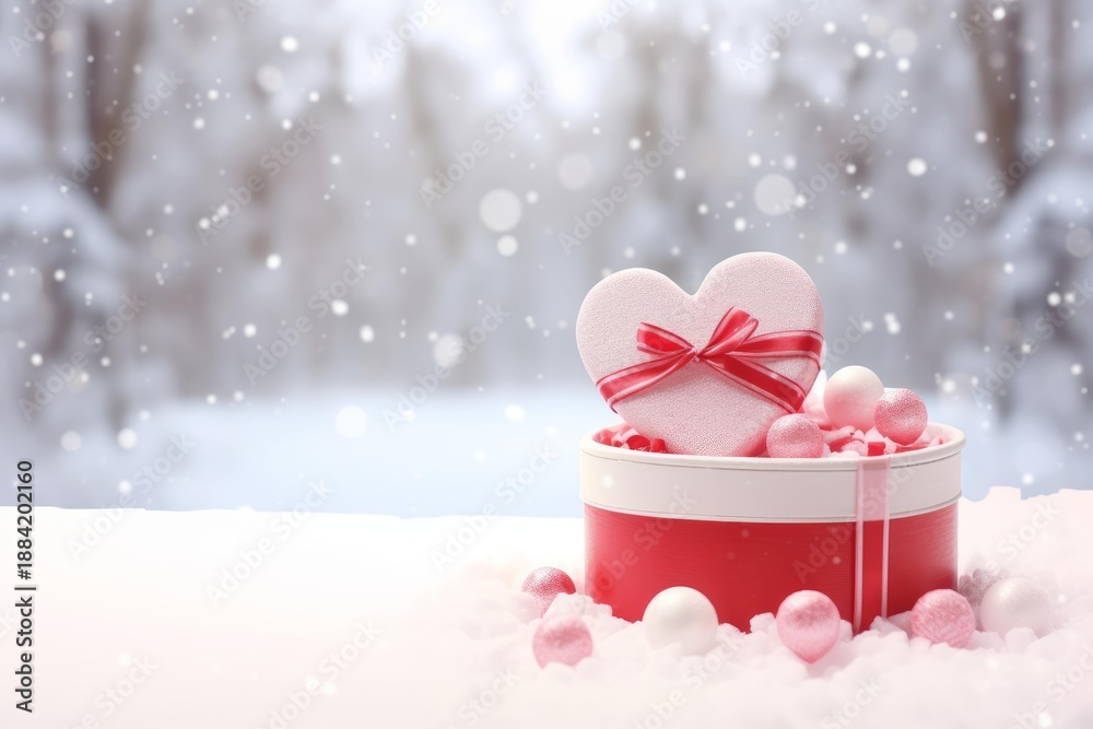Naklejka premium Heart shaped gift box with festive decorations on white snow in a winter setting