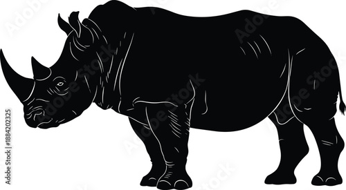 Rhinoceros silhouette illustration, cad drawing flat vector illustration, wild rhino animal, black wildlife icon, endangered species nature design