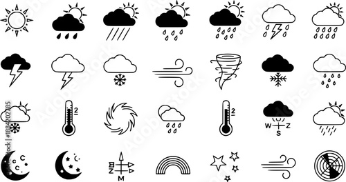 Weather and meteorology editable stroke outline icons set isolated on white background flat vector illustration.
