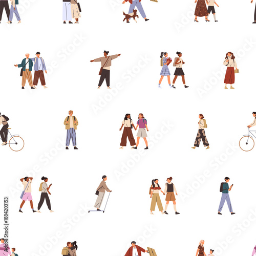 Repeatable pattern of diverse walking children. Endless background of happy kids going to school, students playing with friends and pupils having fun together. Flat seamless vector illustration