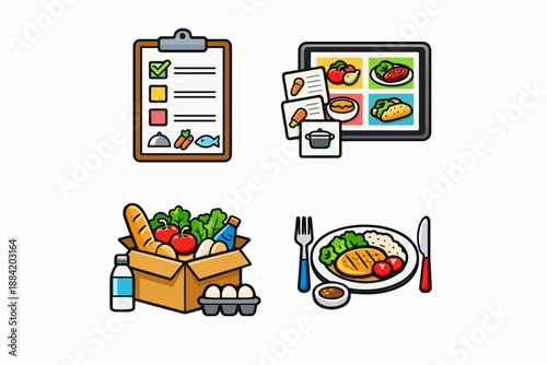 Colorful online meal planning and healthy diet concept with food icons