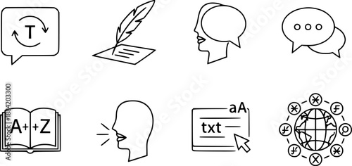 Language set of web icons in line style. Translation and communication linear icon collection. Containing translate