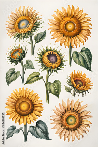 Sunflower botanical illustration set arranging different stages