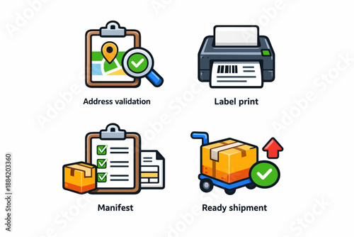 Shipping workflow icons: address validation, label printing, manifest, ready shipment