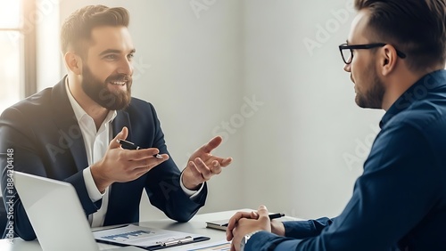 Two businessmen in suits in a professional meeting, one gesturing while explaining a document.