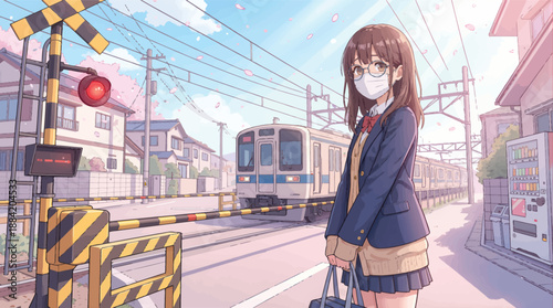 Anime schoolgirl with mask and glasses waiting at railroad crossing with passing train in spring, Japanese student in uniform commuting, cherry blossoms falling in suburban street.