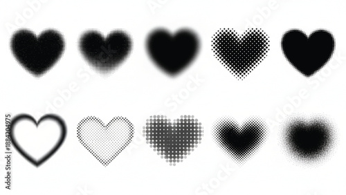 A set of ten black heart shapes with various halftone, gradient, and blurry effects on white background.
