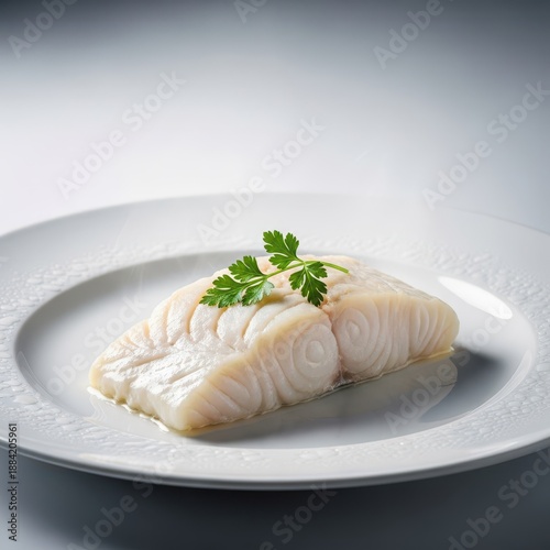 A perfectly steamed, healthy filet of white fish served on a minimalist plate with fresh green herbs and condensation visible from the heat, fish, soft, cuisine