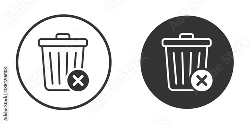Circular trash can icons with delete overlays in black and white. Minimal vector design for UI, app interfaces, and digital platforms. Ideal for modern user experience and web tools.