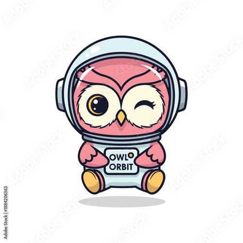 Cute Pink Owl in Space Helmet Vector Illustration