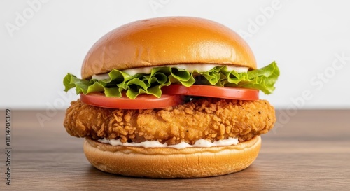 Appetizing fried chicken sandwich on a toasted brioche bun with crisp lettuce, sliced tomato, and creamy sauce presented on a rustic surface, studio shot, dinner, snack