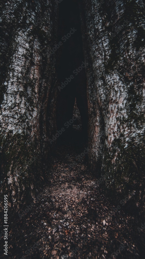 Obraz premium Ancient Tree Trunk with Natural Hollow Tunnel - Forest Interior-Exterior Connection