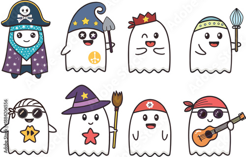 Cartoon Ghost Characters in Costumes, Pirate, Wizard, Witch, Rockstar, Royal, Adventurer, Sunglasses, and Broom-Holding Figures in Fun Poses