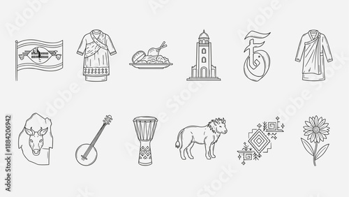 Collection of Bulgarian cultural symbols and landmarks in a simple line art style