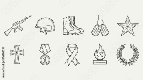 Black and white military icon set with rifle, helmet, boots, medals, ribbon, fire, and dog tags.