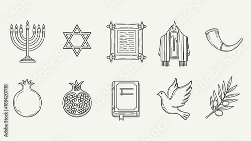 Collection of hand-drawn Jewish symbols and religious icons in a simple line art style