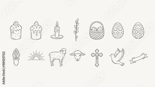 Collection of Easter symbols and religious icons in a simple line art style