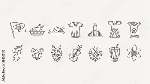 Collection of Brazilian cultural icons and symbols in a clean line art style