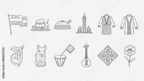 Collection of Uzbek cultural symbols and landmarks in a minimalist line art style