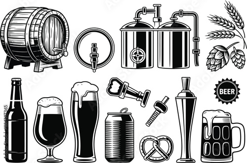 Black and white beer brewing and drinking with various